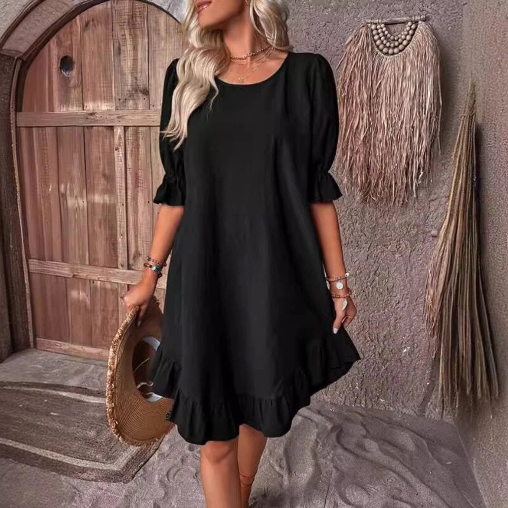 Black Ruffled Puff Sleeve Mini Sundress